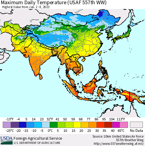 Asia Maximum Daily Temperature (USAF 557th WW) Thematic Map For 1/2/2023 - 1/8/2023