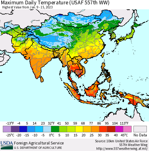 Asia Maximum Daily Temperature (USAF 557th WW) Thematic Map For 1/9/2023 - 1/15/2023