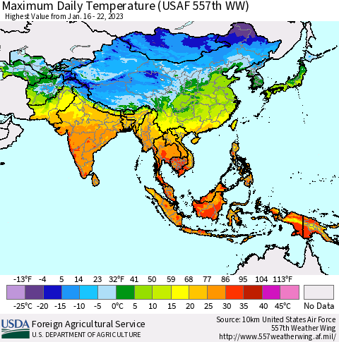 Asia Maximum Daily Temperature (USAF 557th WW) Thematic Map For 1/16/2023 - 1/22/2023