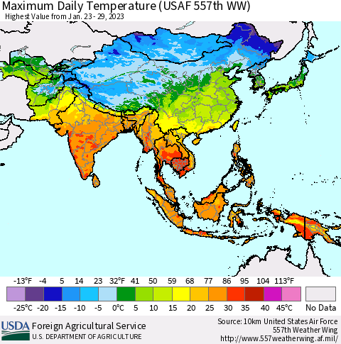 Asia Maximum Daily Temperature (USAF 557th WW) Thematic Map For 1/23/2023 - 1/29/2023