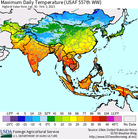Asia Maximum Daily Temperature (USAF 557th WW) Thematic Map For 1/30/2023 - 2/5/2023