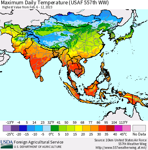 Asia Maximum Daily Temperature (USAF 557th WW) Thematic Map For 2/6/2023 - 2/12/2023