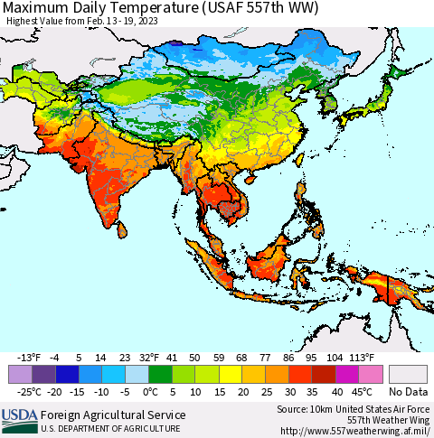 Asia Maximum Daily Temperature (USAF 557th WW) Thematic Map For 2/13/2023 - 2/19/2023