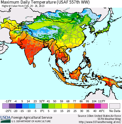 Asia Maximum Daily Temperature (USAF 557th WW) Thematic Map For 2/20/2023 - 2/26/2023