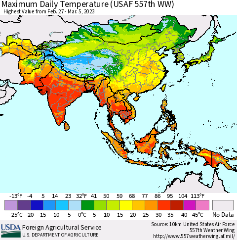 Asia Maximum Daily Temperature (USAF 557th WW) Thematic Map For 2/27/2023 - 3/5/2023