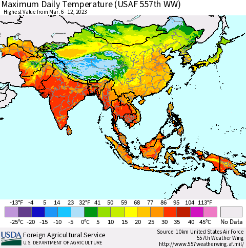 Asia Maximum Daily Temperature (USAF 557th WW) Thematic Map For 3/6/2023 - 3/12/2023