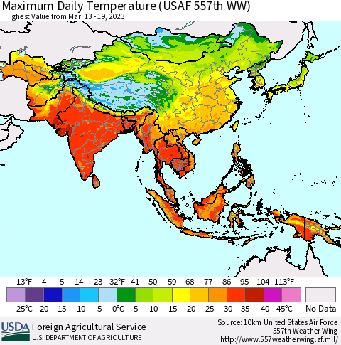 Asia Maximum Daily Temperature (USAF 557th WW) Thematic Map For 3/13/2023 - 3/19/2023