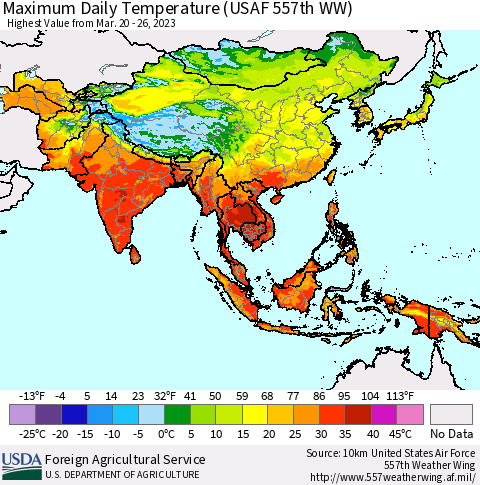 Asia Maximum Daily Temperature (USAF 557th WW) Thematic Map For 3/20/2023 - 3/26/2023