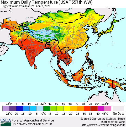 Asia Maximum Daily Temperature (USAF 557th WW) Thematic Map For 3/27/2023 - 4/2/2023