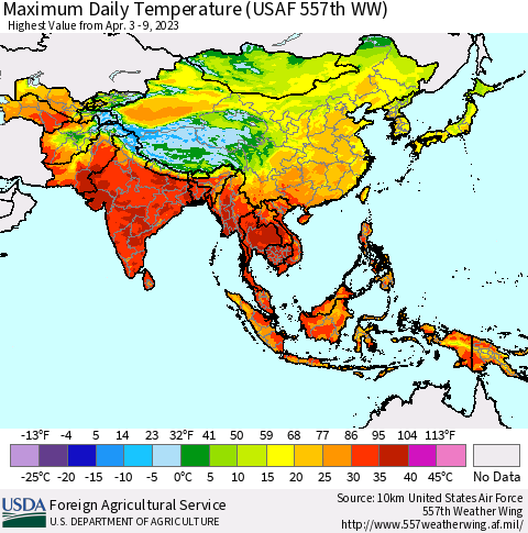 Asia Maximum Daily Temperature (USAF 557th WW) Thematic Map For 4/3/2023 - 4/9/2023