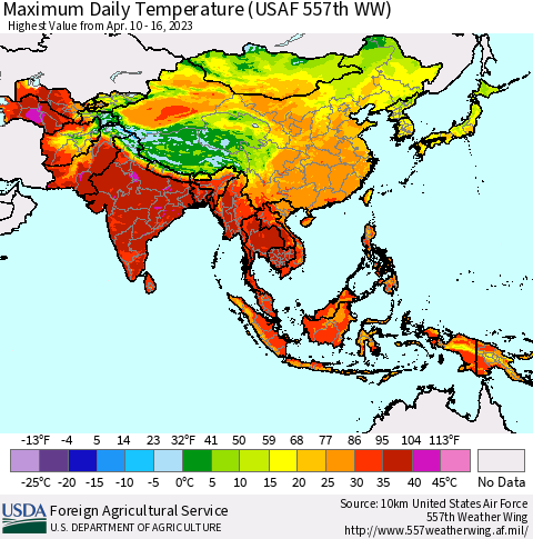 Asia Maximum Daily Temperature (USAF 557th WW) Thematic Map For 4/10/2023 - 4/16/2023