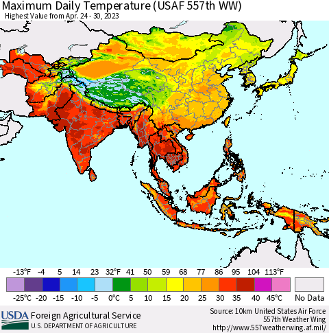 Asia Maximum Daily Temperature (USAF 557th WW) Thematic Map For 4/24/2023 - 4/30/2023