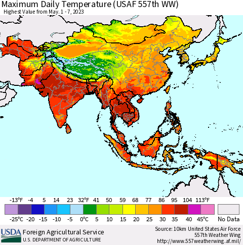 Asia Maximum Daily Temperature (USAF 557th WW) Thematic Map For 5/1/2023 - 5/7/2023
