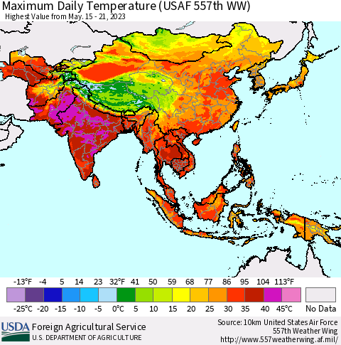Asia Maximum Daily Temperature (USAF 557th WW) Thematic Map For 5/15/2023 - 5/21/2023