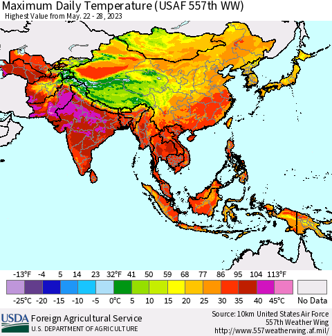 Asia Maximum Daily Temperature (USAF 557th WW) Thematic Map For 5/22/2023 - 5/28/2023