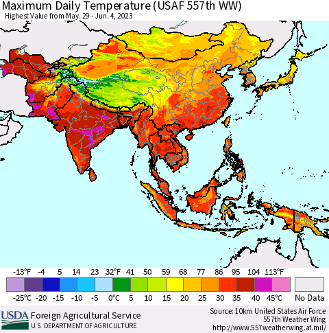 Asia Maximum Daily Temperature (USAF 557th WW) Thematic Map For 5/29/2023 - 6/4/2023