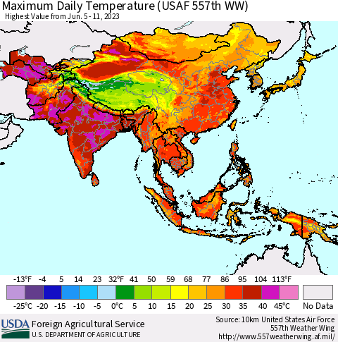Asia Maximum Daily Temperature (USAF 557th WW) Thematic Map For 6/5/2023 - 6/11/2023