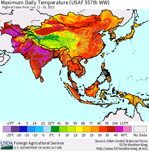 Asia Maximum Daily Temperature (USAF 557th WW) Thematic Map For 6/12/2023 - 6/18/2023
