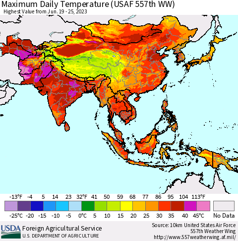 Asia Maximum Daily Temperature (USAF 557th WW) Thematic Map For 6/19/2023 - 6/25/2023