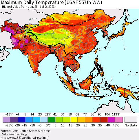 Asia Maximum Daily Temperature (USAF 557th WW) Thematic Map For 6/26/2023 - 7/2/2023