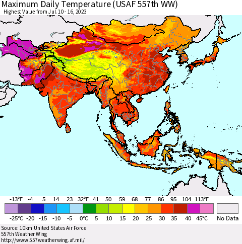 Asia Maximum Daily Temperature (USAF 557th WW) Thematic Map For 7/10/2023 - 7/16/2023