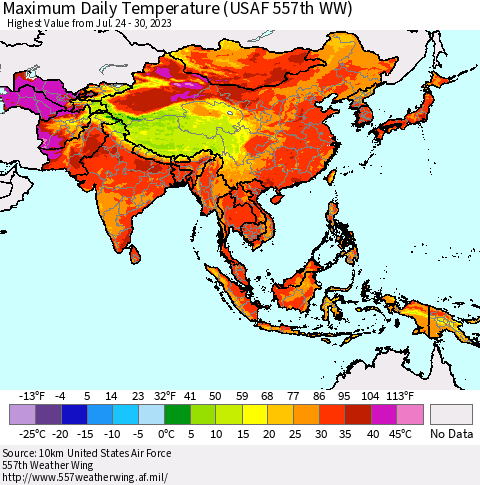 Asia Maximum Daily Temperature (USAF 557th WW) Thematic Map For 7/24/2023 - 7/30/2023