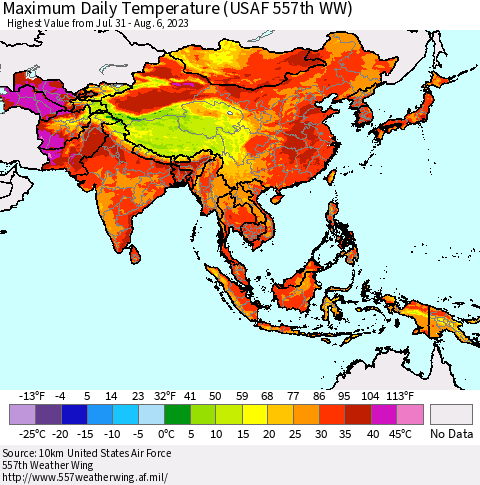 Asia Maximum Daily Temperature (USAF 557th WW) Thematic Map For 7/31/2023 - 8/6/2023