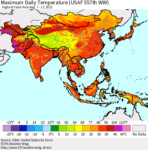 Asia Maximum Daily Temperature (USAF 557th WW) Thematic Map For 8/7/2023 - 8/13/2023