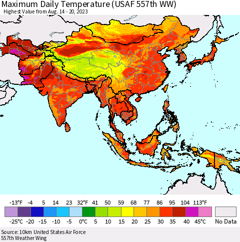 Asia Maximum Daily Temperature (USAF 557th WW) Thematic Map For 8/14/2023 - 8/20/2023
