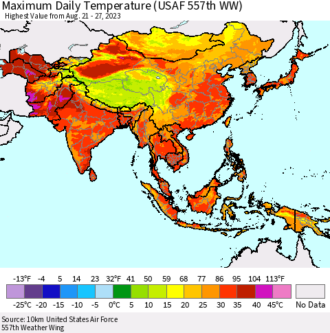Asia Maximum Daily Temperature (USAF 557th WW) Thematic Map For 8/21/2023 - 8/27/2023