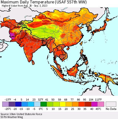 Asia Maximum Daily Temperature (USAF 557th WW) Thematic Map For 8/28/2023 - 9/3/2023