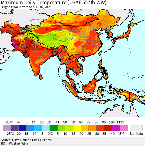 Asia Maximum Daily Temperature (USAF 557th WW) Thematic Map For 9/4/2023 - 9/10/2023