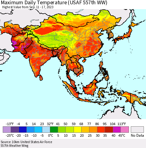 Asia Maximum Daily Temperature (USAF 557th WW) Thematic Map For 9/11/2023 - 9/17/2023