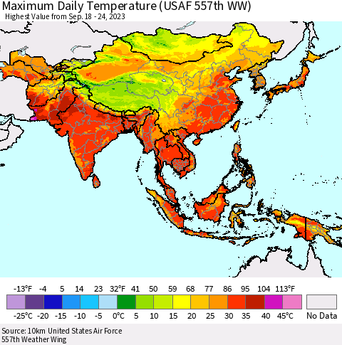 Asia Maximum Daily Temperature (USAF 557th WW) Thematic Map For 9/18/2023 - 9/24/2023