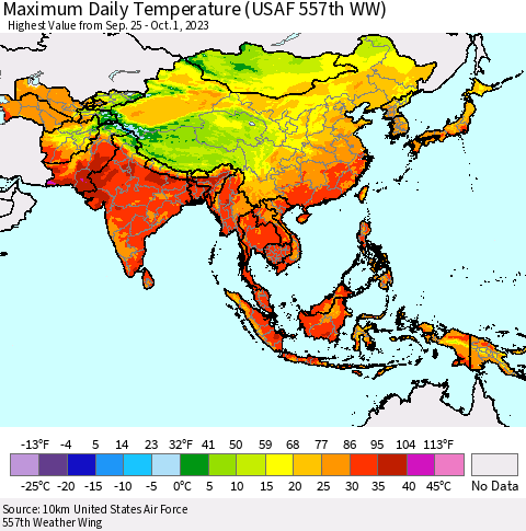 Asia Maximum Daily Temperature (USAF 557th WW) Thematic Map For 9/25/2023 - 10/1/2023