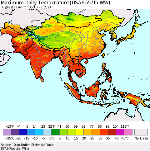 Asia Maximum Daily Temperature (USAF 557th WW) Thematic Map For 10/2/2023 - 10/8/2023