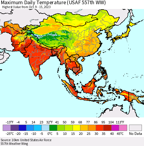 Asia Maximum Daily Temperature (USAF 557th WW) Thematic Map For 10/9/2023 - 10/15/2023