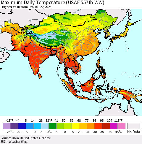 Asia Maximum Daily Temperature (USAF 557th WW) Thematic Map For 10/16/2023 - 10/22/2023