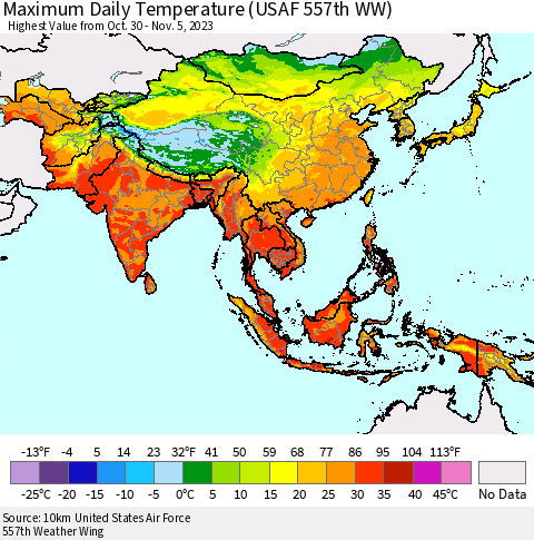 Asia Maximum Daily Temperature (USAF 557th WW) Thematic Map For 10/30/2023 - 11/5/2023