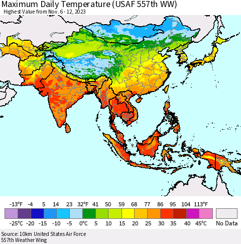 Asia Maximum Daily Temperature (USAF 557th WW) Thematic Map For 11/6/2023 - 11/12/2023