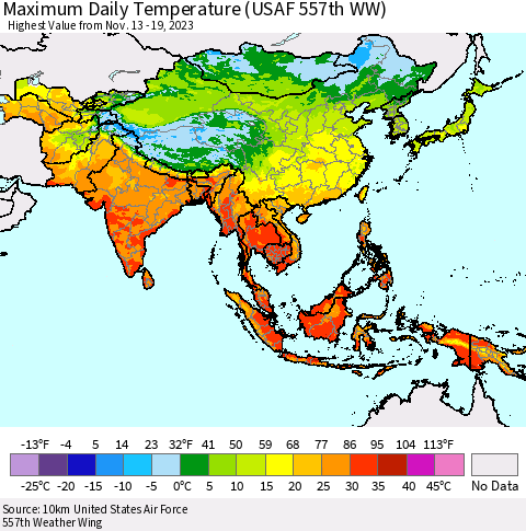 Asia Maximum Daily Temperature (USAF 557th WW) Thematic Map For 11/13/2023 - 11/19/2023