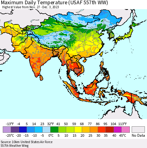 Asia Maximum Daily Temperature (USAF 557th WW) Thematic Map For 11/27/2023 - 12/3/2023