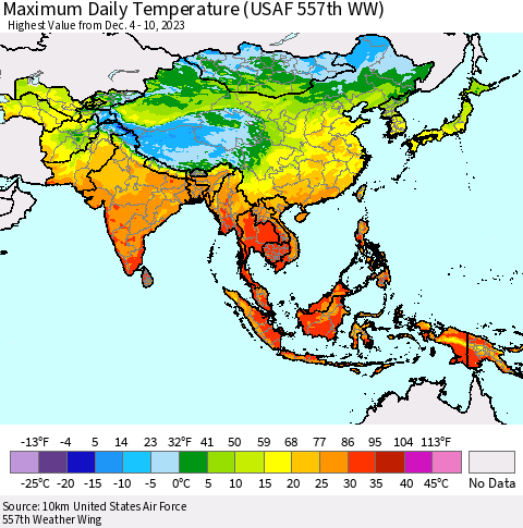 Asia Maximum Daily Temperature (USAF 557th WW) Thematic Map For 12/4/2023 - 12/10/2023
