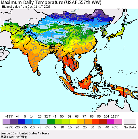 Asia Maximum Daily Temperature (USAF 557th WW) Thematic Map For 12/11/2023 - 12/17/2023