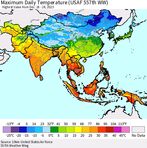 Asia Maximum Daily Temperature (USAF 557th WW) Thematic Map For 12/18/2023 - 12/24/2023