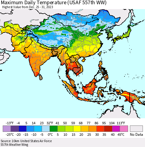 Asia Maximum Daily Temperature (USAF 557th WW) Thematic Map For 12/25/2023 - 12/31/2023