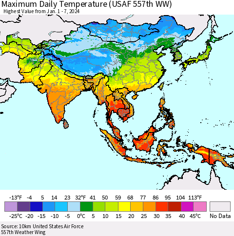 Asia Maximum Daily Temperature (USAF 557th WW) Thematic Map For 1/1/2024 - 1/7/2024