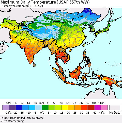 Asia Maximum Daily Temperature (USAF 557th WW) Thematic Map For 1/8/2024 - 1/14/2024