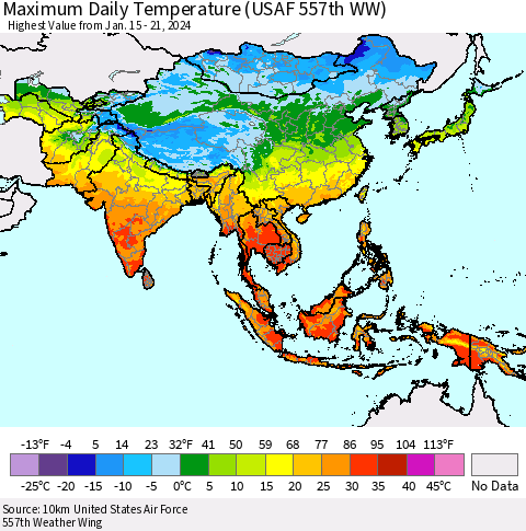 Asia Maximum Daily Temperature (USAF 557th WW) Thematic Map For 1/15/2024 - 1/21/2024