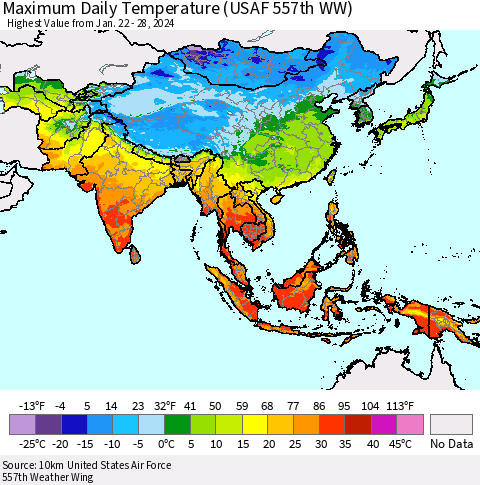 Asia Maximum Daily Temperature (USAF 557th WW) Thematic Map For 1/22/2024 - 1/28/2024